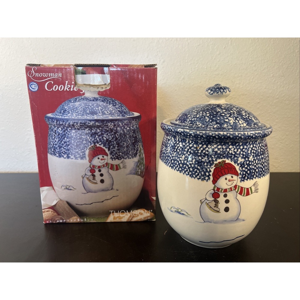 Thomson Pottery Snowman Cookie Jar & Lid Christmas Winter Dinnerware w/Box